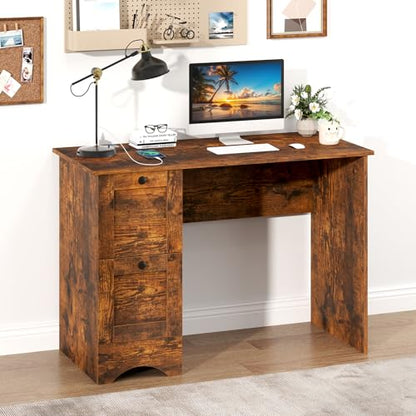 Giantex Computer Desk with 2 Drawers, 43” Wooden Home Office Desk with Charging Station, Compact Study Writing Desk, Modern Laptop PC Desk Workstation for Bedroom, Living Room (Rustic Brown) - color: Rustic Brown