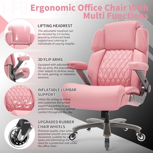 Big and Tall Office Chair 700lbs, Ergonomic High Back Computer Desk Chair | Adjustable Headrest&Lumbar Support, 3D Flip Arms, Large Wheels, Heavy Duty Metal Base, Thick Padded Wide Seat Executive Chair - color: Pink