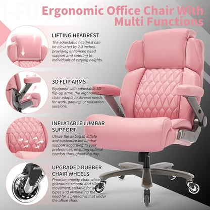 Big and Tall Office Chair 700lbs, Ergonomic High Back Computer Desk Chair | Adjustable Headrest&Lumbar Support, 3D Flip Arms, Large Wheels, Heavy Duty Metal Base, Thick Padded Wide Seat Executive Chair - color: Pink