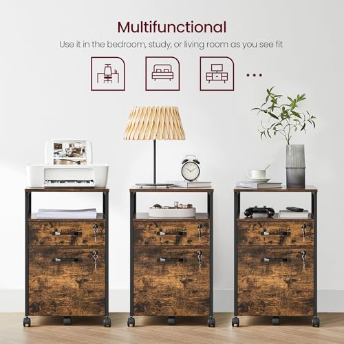 VASAGLE 2 Drawer File Cabinet with Lock, Rolling Printer Stand - color: Rustic Brown + Ink Black, style: with Lock and Fences