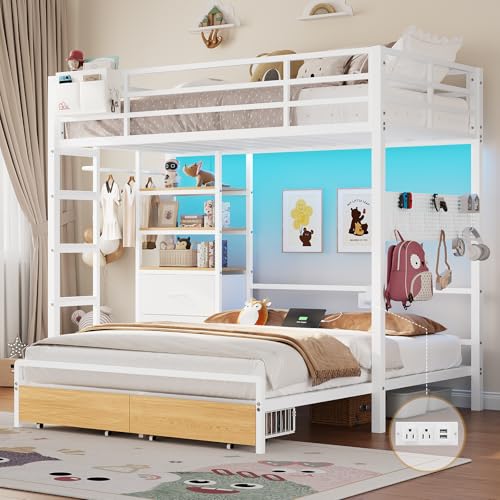 DICTAC Twin Over Full Bunk Bed with 4 Storage Drawers and 3-Tier Open Bookshelf Metal Bunk Bed with LED Lights,Charging Station and Organizer Pegboard,bunk Beds with Safety Guardrail and Ladder,White - color: White, size: Twin Over Full