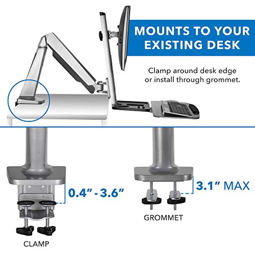 Mount-It! Sit-Stand Monitor Arm Desk Mount Workstation with Keyboard Tray, Single Monitor Mount Fits Up to 32”, Gas Spring Height Adjustable, VESA 75x75 100x100, Clamp or Grommet, Silver