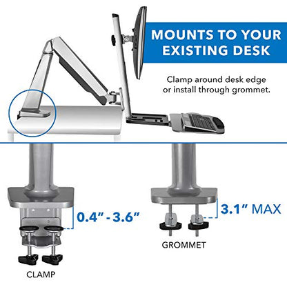 Mount-It! Sit-Stand Monitor Arm Desk Mount Workstation with Keyboard Tray, Single Monitor Mount Fits Up to 32”, Gas Spring Height Adjustable, VESA 75x75 100x100, Clamp or Grommet, Silver