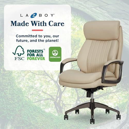 La-Z-Boy High-Back Ergonomic Office Chair, AIR Lumbar Support Leather Chair | Nova, 350lb Capacity Executive Task Chair, Padded Headrest & Arms, Layered Foam Seat Cushion, Swivel, Back Pain Relief, Cream - color: Cream