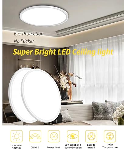 20 Inch Large LED Flush Mount Ceiling Light Fixture, Round 40w 4350lm 3000k,4000k,6000k CCT Selectable, Modern Flat Panel Super Slim Led Ceiling Light,for Living Dining Kitchen Room (2Pack-White) - color: White, size: Wall Switch Control-20Inch-2Pack