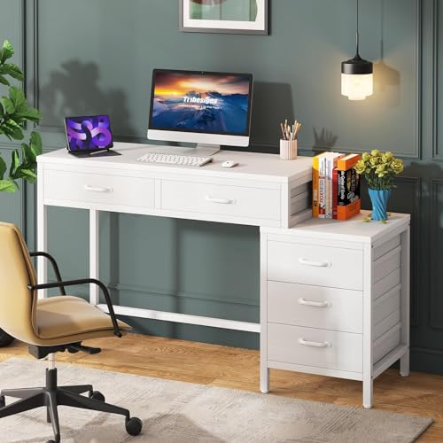Tribesigns Computer Desk with 5 Drawers, Reversible Home Office Desks - color: White