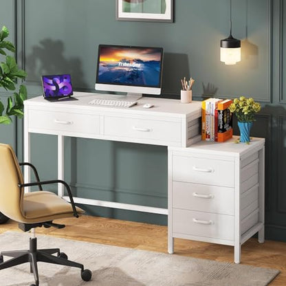 Tribesigns Computer Desk with 5 Drawers, Reversible Home Office Desks - color: White