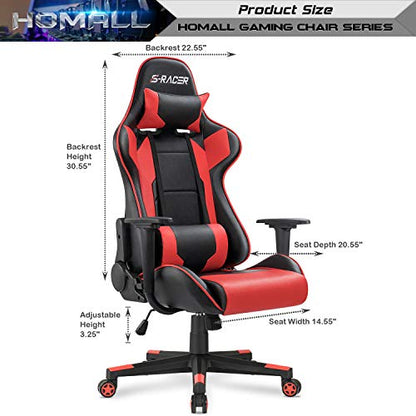 Homall Gaming Chair, Office Chair High Back Computer Chair Leather Desk Chair Racing Executive Ergonomic Adjustable Swivel Task Chair with Headrest and Lumbar Support (Red) - color: Red