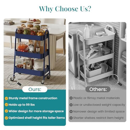 OLIXIS Metal 3 Tiers Rolling Storage Utility Cart with Lockable Wheels - color: Blue, size: 3-Tiered 17 inches