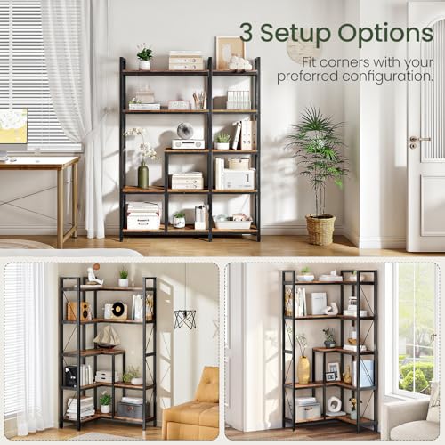 Corner Bookshelf, 5-Tier L-Shaped Bookcase, Corner Shelf with Metal Frame, Industrial Tall Display Shelf, for Living Room, Home Office, Bedroom, Rustic Brown TSJ12BF