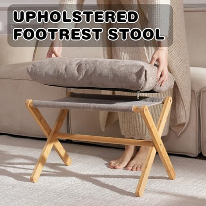 Baveke Folding Foot Stool, Small Accent Ottoman with Thick Cotton Cushion & Bamboo X Legs, Modern Padded Sofa Stool for Makeup Bedroom Living Room (Brown) - color: Light Brown, size: 21.3"D x 13.4"W x 18.5"H