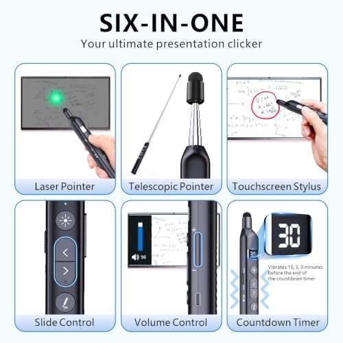 N21 Bluetooth Presentation Clicker for PowerPoint with Retractable Pointer | ①Laser Pointer②Telescopic touch pen③Countdown timer, vibration alert ④Customizable Button ⑤Rechargeable;battery level display - color: Black - Green Pointer