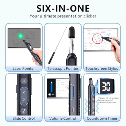 N21 Bluetooth Presentation Clicker for PowerPoint with Retractable Pointer | ①Laser Pointer②Telescopic touch pen③Countdown timer, vibration alert ④Customizable Button ⑤Rechargeable;battery level display - color: Black - Green Pointer