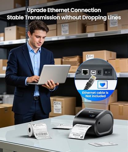 Phomemo 300DPI 4x6 Thermal Shipping Label Printer with 500 Labels | Ethernet Bluetooth & USB connection, Thermal Printer for Small Business, Compatible with iOS Android Windows Mac USPS UPS - color: Grey