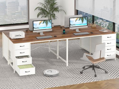 95" 2 Person Desk with 8 Fabric Drawers for Home Office, Living Room - color: Brown and White, size: 18.9"D x 94.5"W x 29.3"H