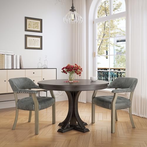LEEMTORIG Set of 2 Faux Leather Dining Chairs With Arms and Supportive Back - Accent Poker, Boss Caption's, Office Desk Chairs - Soft Grey Legs & Dark Grey PU CY-NX173-DG - color: Soft Grey Legs & Dark Grey Pu, size: Set of 2