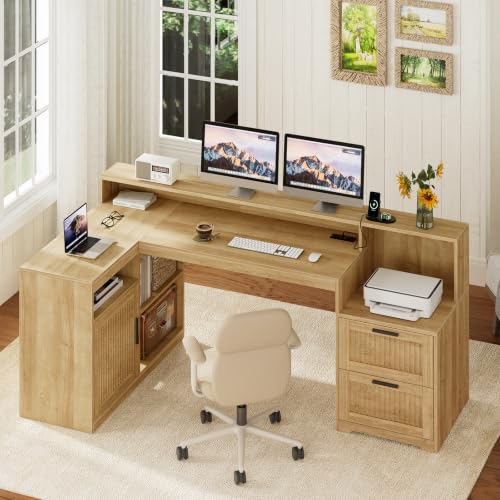 TVU Farmhouse L Shaped Desk with Drawers, 62.2" Home Office Desk with Storage Shelves and Power Outlet, L Shaped Computer Desk with Monitor Stand and Printer Shelf, Oak - color: Oak