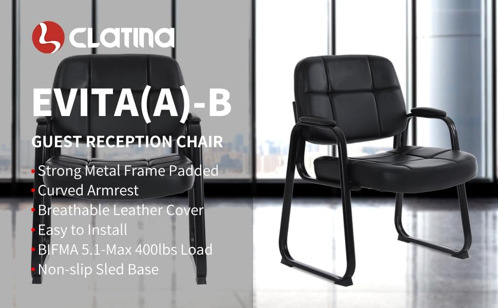 CLATINA Big Tall 400 lbs Waiting Room Chairs with Padded Arms Leather Guest Chair no Wheels for Office Reception Lobby and Conference Desk with Sled Base, Black, 6PK - color: Black-sledbase, size: 6PK