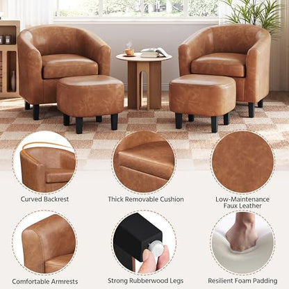 Yaheetech Accent Chairs with Ottoman, Faux Leather Barrel Chairs, Brown - color: Brown, size: Chair:25.5x 27.5 x 28''H Ottoman:18x 18.7x 15.7''H