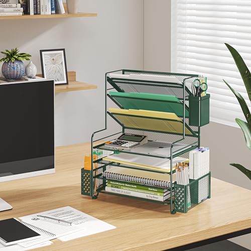 Simple Trending 7 Tier Desk File Organizer, Letter Tray Paper Organizer with Pen Holder and Metal Hanging Basket, Green - color: Pen Holder Green