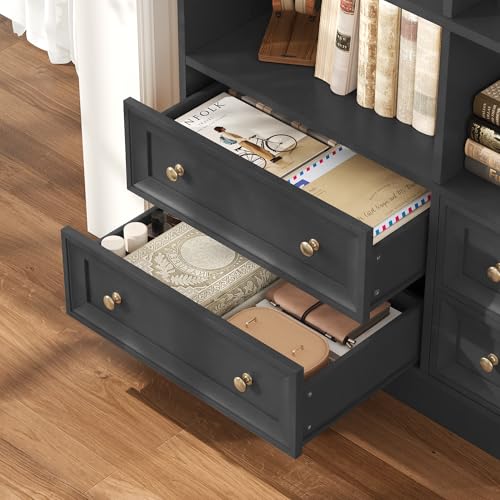 71" Tall Bookshelf with 4 Drawers Black Bookshelf Office Bookcase | 6-Tier Double Wide Bookshelves and Bookcases with Storage, Black Bookshelf Standing Book Cabinet for Home Office, Black - color: Black