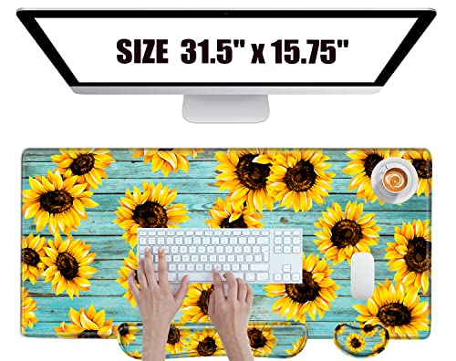 Gaming Mouse Pad Sunflower Desk Mat Large Mousepad and Keyborad Wrist Support Computer Mat for Wrist Rest XXL Desk Pad 3 in 1 Mouse Mat Non-Slip Rubber Base - color: Sunflower Teal