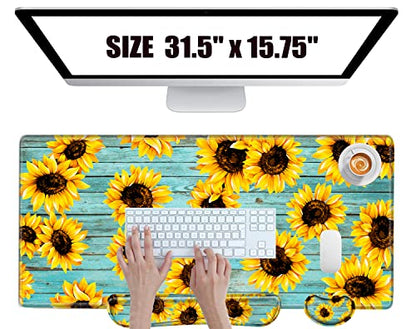Gaming Mouse Pad Sunflower Desk Mat Large Mousepad and Keyborad Wrist Support Computer Mat for Wrist Rest XXL Desk Pad 3 in 1 Mouse Mat Non-Slip Rubber Base - color: Sunflower Teal