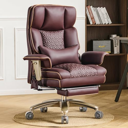 Executive Desk Chir with Adjustable Air Back Support, Luxury Ergonomic PU Leather Office Chair with Lumbar Massage High-Back 3-Level Tilt 360° Swivel Silent Wheels Height Adjustment,Footrest, Brown - color: Brown