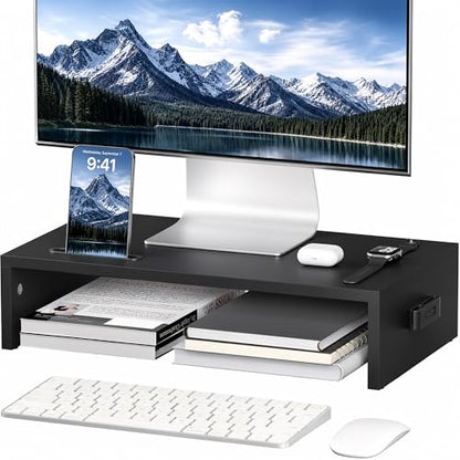 1home Monitor Stand Riser, 16.7 Inch Wood Monitor Riser Stand with Storage Organizer, Desktop Ergonomic Monitor Stand Riser with Cellphone Holder and Cable Management, Black | 16.7 Inch Wood Monitor Riser Stand, Desktop Stand for PC/TV/Laptop/Printer, Bla