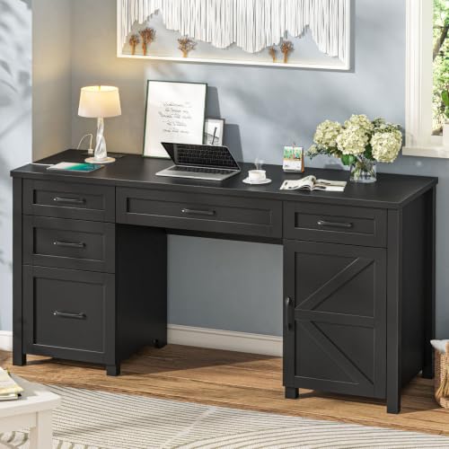 Vabches Farmhouse 61'' Executive Desk with 5 Drawers,Pure Black | Rustic Office Desk with Charging Station, File Drawers and Storage Cabinet, Wood Workstation for Study and Home Office - color: Pure Black, size: 61" W