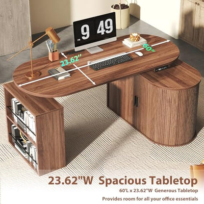 HSH Standing Office Desk with Storage, 60" Electric Standing Desk, Walnut | L Shaped Standing Computer Desks with Open Shelf, Executive Desk Height Adjustable Power Outlet, Stand Up Desk for Home