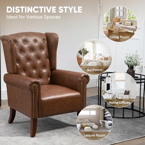MOJAY Mid-Century PU Leather Accent Chair, Living Room Lounge Sofa Chair with Buttons, Single Club Armchair with Rivet Trim for Bedroom Home Reception (Brown) - color: Brown, size: Set of 1