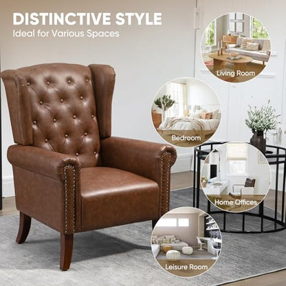 MOJAY Mid-Century PU Leather Accent Chair, Living Room Lounge Sofa Chair with Buttons, Single Club Armchair with Rivet Trim for Bedroom Home Reception (Brown) - color: Brown, size: Set of 1