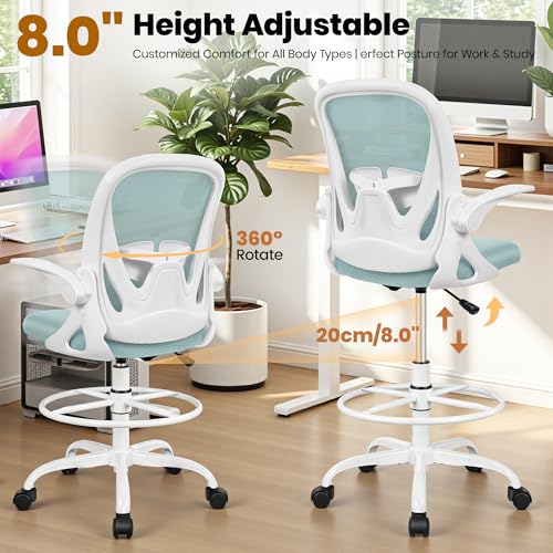 Primy Drafting Chair Tall Office Chair with Flip-up Armrests Executive Ergonomic Computer Standing Desk Chair with Lumbar Support and Adjustable Footrest Ring（Light Blue） - color: Light Blue, size: 934-Z