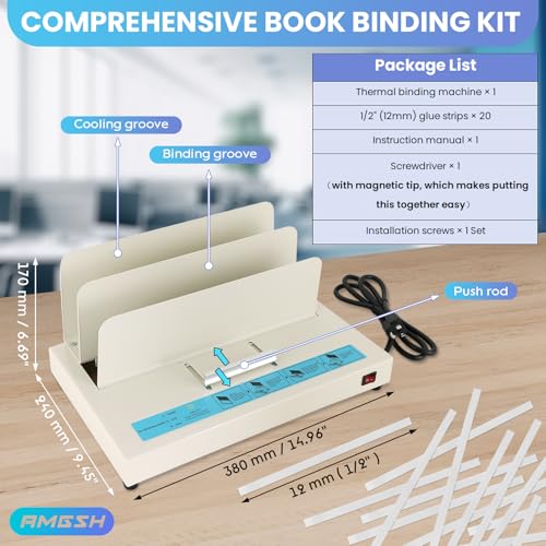 110V Thermal Binding Machine, 1-50mm Binding Thickness, A4 Maximum Binding Length, 500 Sheets Capacity with 20pcs 1/2" (12mm) Glue Strips with mesh Backing for Thermal Book Binder