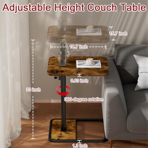 GOYLSER Large C-Shaped Tables Small Swivel End Table, Height Adjustable Side Tables Living Room, Rotating Snack Couch Wooden Tv Trays for Eating On Couch, Rustic Brown - color: Rustic Brown, style: Enlarged Standard