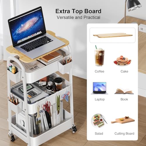 3 Tier White Metal Heavy Duty Rolling Cart with Wheels and Wooden Table Top | Three-Tiered Storage Organizer Utility Cart for Art, Craft, Baby, Diaper Caddy, Coffee, Kitchen, Cleaning, Office Supplies - color: White