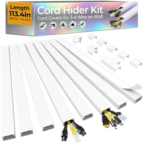 113.4in Cord Hider Kit, Cord Covers for 3-4 Wires on Wall, Self-Adhesive Tv Cable Hider, Paintable Wire Hider Wire Covers for Cords on Wall, Cable Cover Management Kit, L14.2 W1.18 H0.6in, White - color: White, size: 113.4in L x 1.18in W x 0.6in H