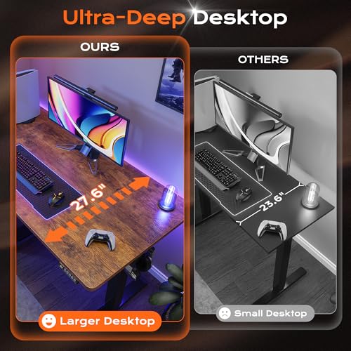 Huuger 55 x 28 Large Electric Standing Desk, Height Adjustable Computer Desk, 27.6" Deep Desktop, Stand up Gaming Office Desk with 2 Hooks, 3 Preset Heights, for Home Office, Rustic Brown - color: Rustic Brown, size: 55*28 inch (no outlets)
