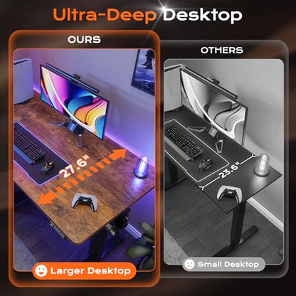 Huuger 55 x 28 Large Electric Standing Desk, Height Adjustable Computer Desk, 27.6" Deep Desktop, Stand up Gaming Office Desk with 2 Hooks, 3 Preset Heights, for Home Office, Rustic Brown - color: Rustic Brown, size: 55*28 inch (no outlets)
