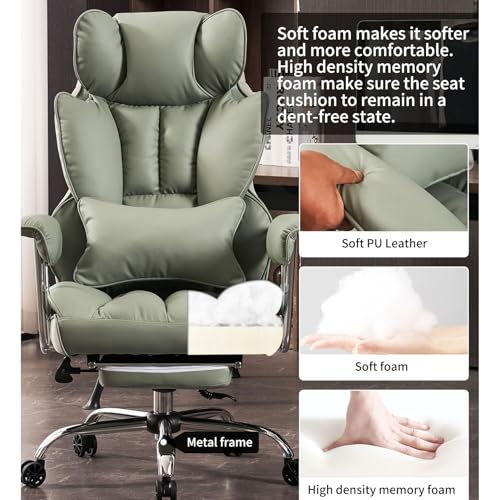 Efomao Big and Tall Office Chair 400lbs - Executive Office Chairs with Footrest, Heavy-Duty PU Leather Computer Chair for Heavy People, Light Green Home Office Desk Chairs | 400lbs support, 135° recline, dual-layer foam cushion, 23.5" seat & footrest. BIF