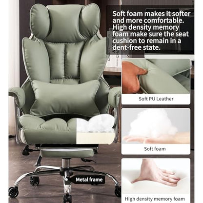 Efomao Big and Tall Office Chair 400lbs - Executive Office Chairs with Footrest, Heavy-Duty PU Leather Computer Chair for Heavy People, Light Green Home Office Desk Chairs | 400lbs support, 135° recline, dual-layer foam cushion, 23.5" seat & footrest. BIF