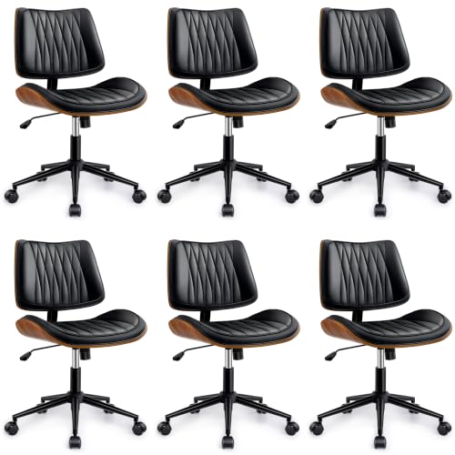 Ergonomic Armless Office Desk Chair - Mid-Century Modern Black Faux Leather with Diamond Stitch, Adjustable Height Swivel Rolling Task Computer Chair with Walnut Accent for Home Office, Study & Work - color: Black, size: 6 Pack
