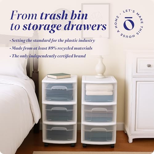 HOMZ Drawer Tower, 3-Tier Storage Cart with Removable Wheels, White Frame - color: White, size: 1 Pack