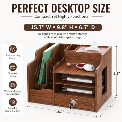 Desktop Organizer with Lockable Drawer and Keys, Desk Shelf with Tissue Box, Dual File Holders & 3-Tier Shelves, Multi-Functional Office Storage Rack 22.0×10.6×6.7 Inch for Office and Study Room