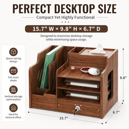 Desktop Organizer with Lockable Drawer and Keys, Desk Shelf with Tissue Box, Dual File Holders & 3-Tier Shelves, Multi-Functional Office Storage Rack 22.0×10.6×6.7 Inch for Office and Study Room