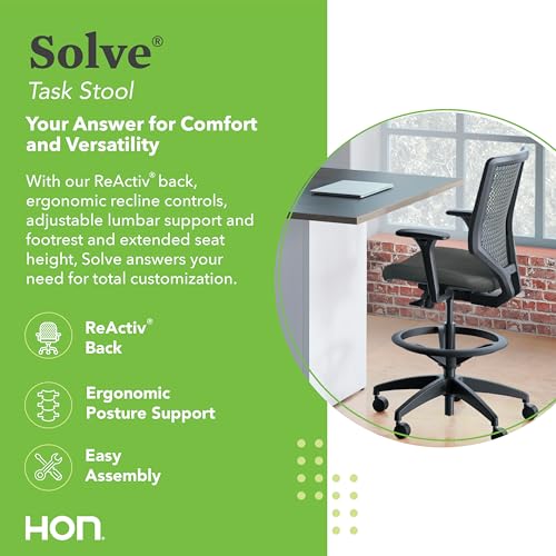 HON Solve Ergonomic Stool, Office Chair, Footring, ReActiv Back, Black - color: Black - Reactiv Back - Stool