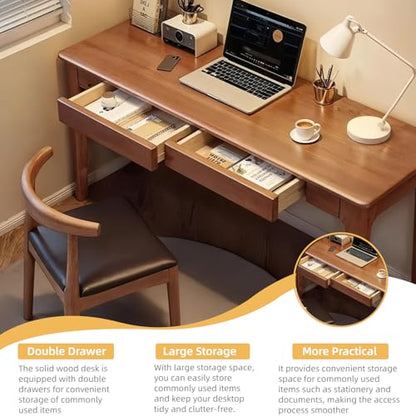 KEIKI Solid Wood Writing Desk with Drawers, 47" Computer Desk for Home Office Work, Study, Walnut - color: Walnut
