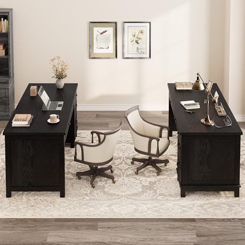 GarveeHome Farmhouse Executive Desk with Drawers, 53.54 in Home Office Desk with Charging Station, Wooden Computer Desk with File Cabinet Storage for Work Study Writing, Rustic Black - color: Rustic Black