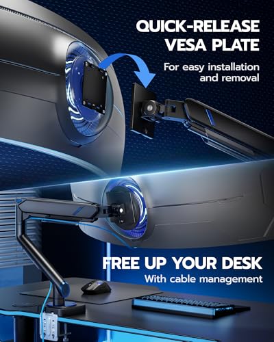 ARES WING 17-49 Inch Monitor Arm Ultrawide Monitor Mount with USB, Black | Heavy Duty Mechanical Spring Monitor Stand Adjustable Arms Holds up to 44lbs, 75/100 VESA Mount with Clamp/Grommet Base